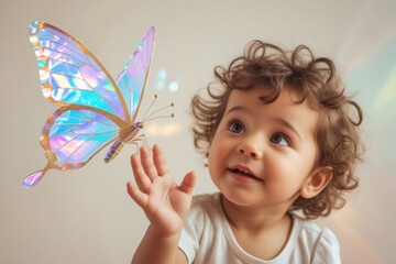 A curious child with curly hair reaches for a glowing holographic butterfly.