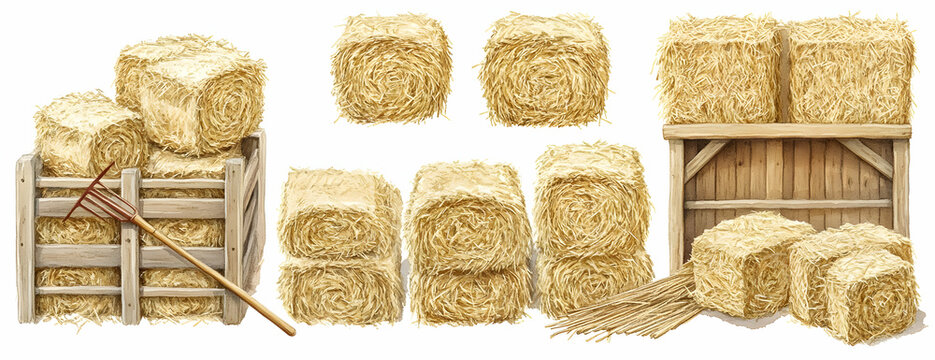 Hay bales, wooden crate, farm. Rural harvest scene