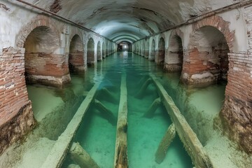 Venetian underground catacomb ancient brick cistern, flooded subterranean architecture.