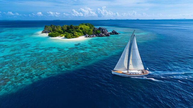 Sailboat gliding through turquoise waters near a lush tropical island under a clear blue sky