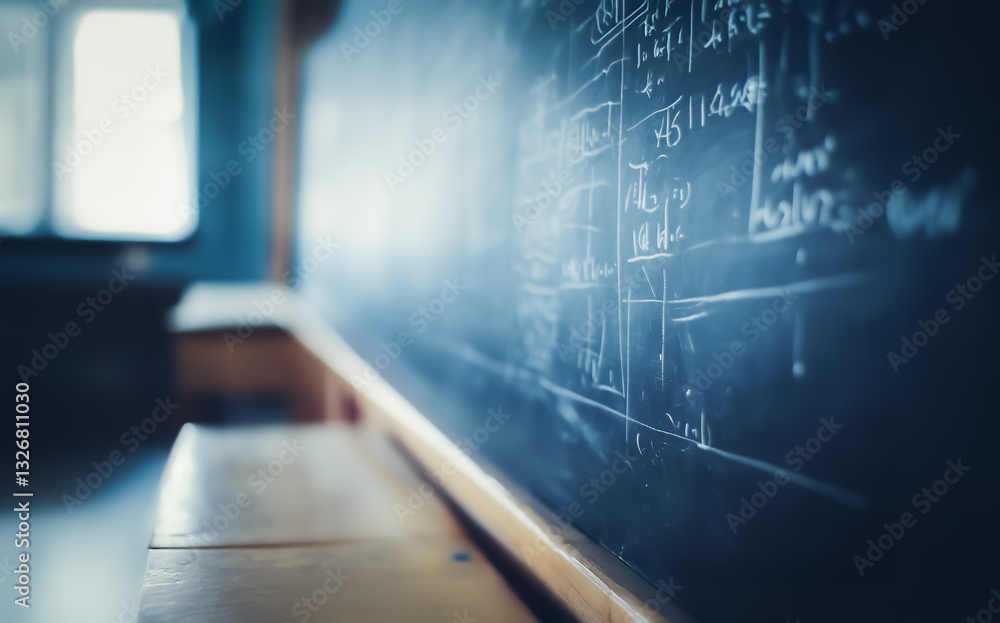 Poster close-up of a chalkboard filled with complex mathematical equations and formulas, slightly blurred t