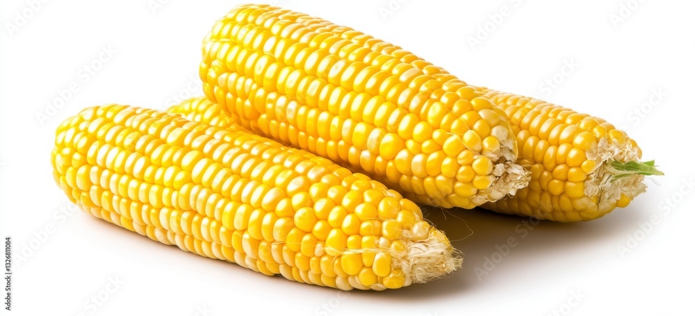 Poster three ears of sweet corn arranged on a white background. the corn is golden yellow and appears fresh