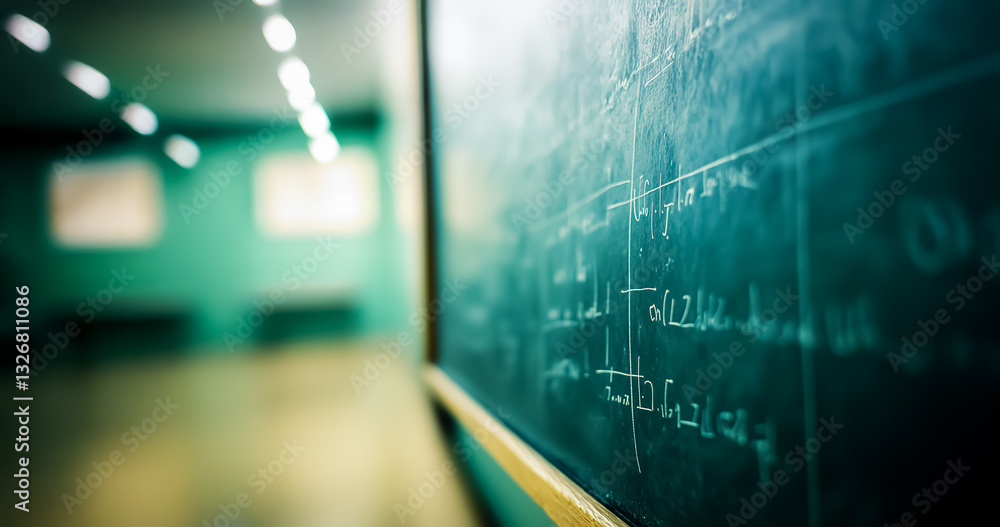 Poster a chalkboard with white mathematical equations, captured in a dimly lit environment with blurred sur