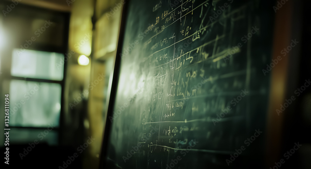 Poster an academic chalkboard covered in formulas and calculations, illuminated by warm light, representing