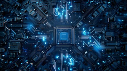 High Tech Circuit Board with Central Chip and Clean Lines Surrounded by Blue Technical Elements in Symmetrical Composition