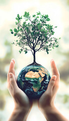 image of two hands holding the earth with a tree in the center that transforms into the planet earth