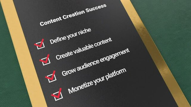 Content creation success Clipboard. Define your niche, create valuable content, grow audience engagement, monetize your platform writing text on Checklist . 3D animation