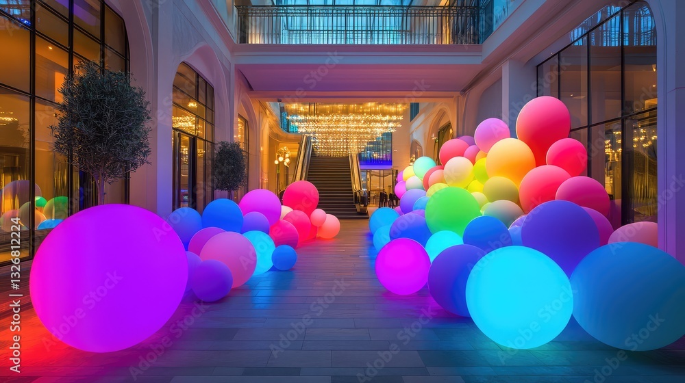 Poster a magical display of floating lighted balloons glowing softly in the night, casting a warm light and