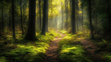Fototapeta premium Serene Forest Pathway Surrounded by Lush Greenery and Soft Sunlight Filtering Through Trees