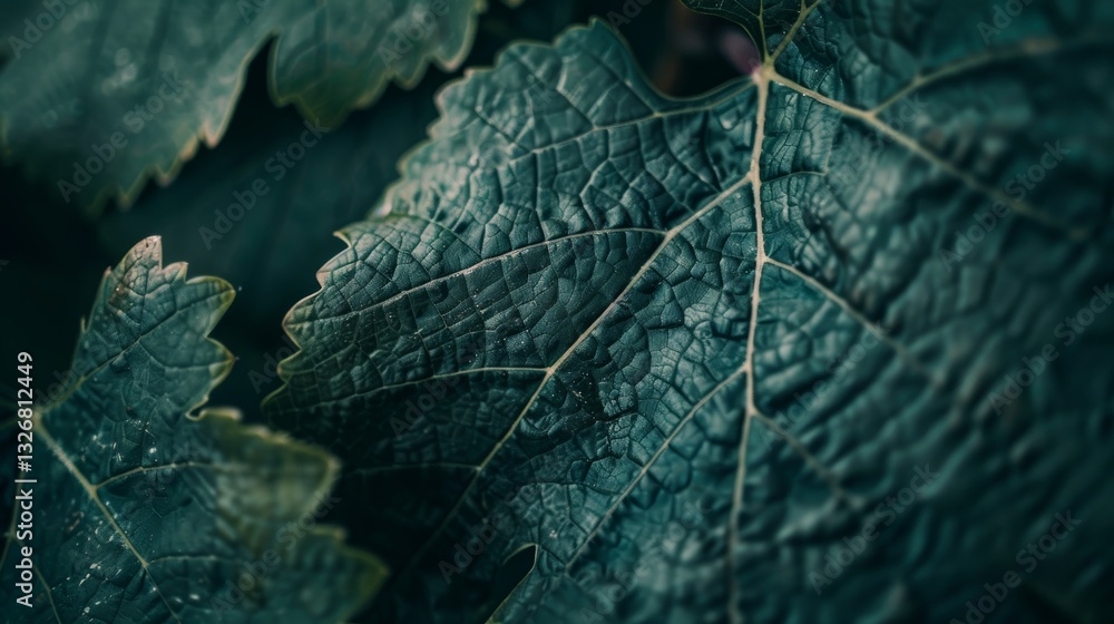 Poster highly detailed closeup of a grapevine leaf with intricate veins in a macro shot
