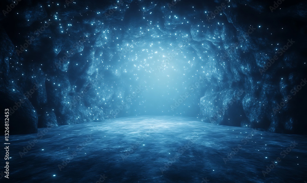 Poster Mysterious blue cave with sparkling lights and a glowing atmosphere.