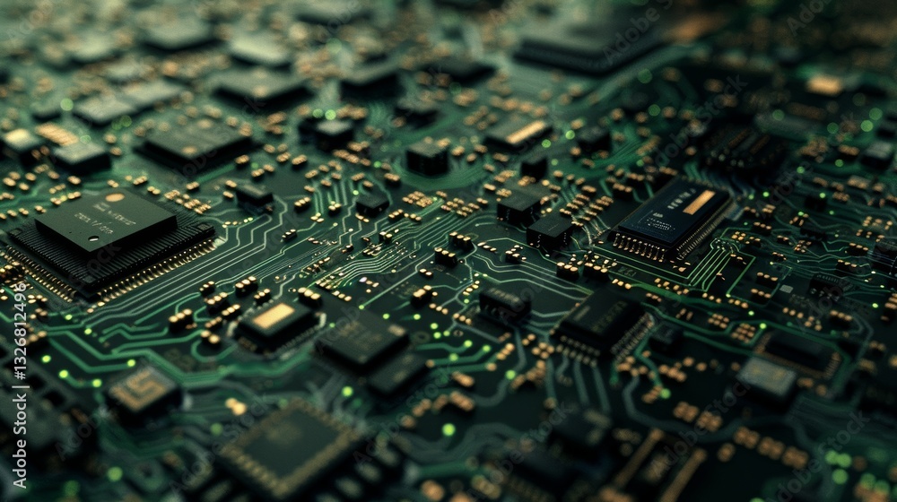 Poster highly detailed close up view of a computer motherboard with perfect focus and minimalistic backgrou