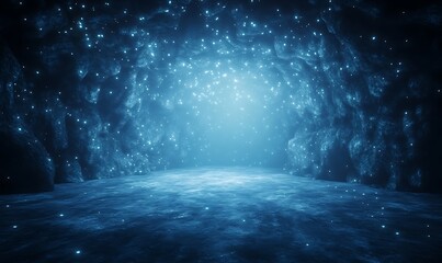 Mysterious blue cave with sparkling lights and a glowing atmosphere.