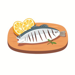 Grilled Fish with Lemon Slices on Wooden Board