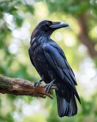 Closeup of a black raven perched on a mossy tree branch, green bokeh background. Dark, sleek feathers, intense gaze