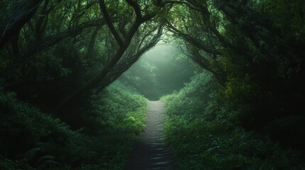 Enchanted Forest Pathway Surrounded by Lush Greenery and Mystical Foggy Atmosphere