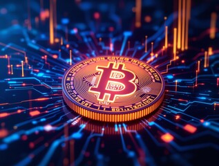 Cryptocurrency Investment Concept: A Glowing Bitcoin Surrounded by Digital Data Streams Representing Crypto Trading