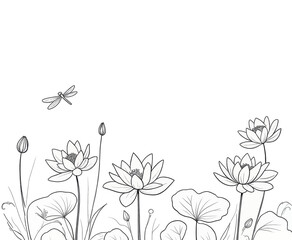 Lily Pads and Dragonfly Sketch Illustration