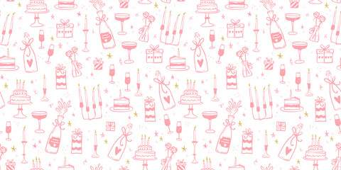 Fun hand drawn party seamless background with cakes, gift boxes, balloons and party decoration. Great for birthday parties, textiles, banners, wallpapers, wrapping - vector design