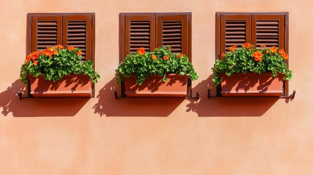 Three terracotta window boxes overflowing with lush green plants and vibrant orange flowers adorn a warm peach stucco wall, each accented by dark brown wooden shutters.