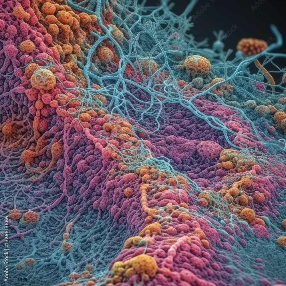 Poster highly detailed electron microscope view of cell signaling pathways in vivid colors