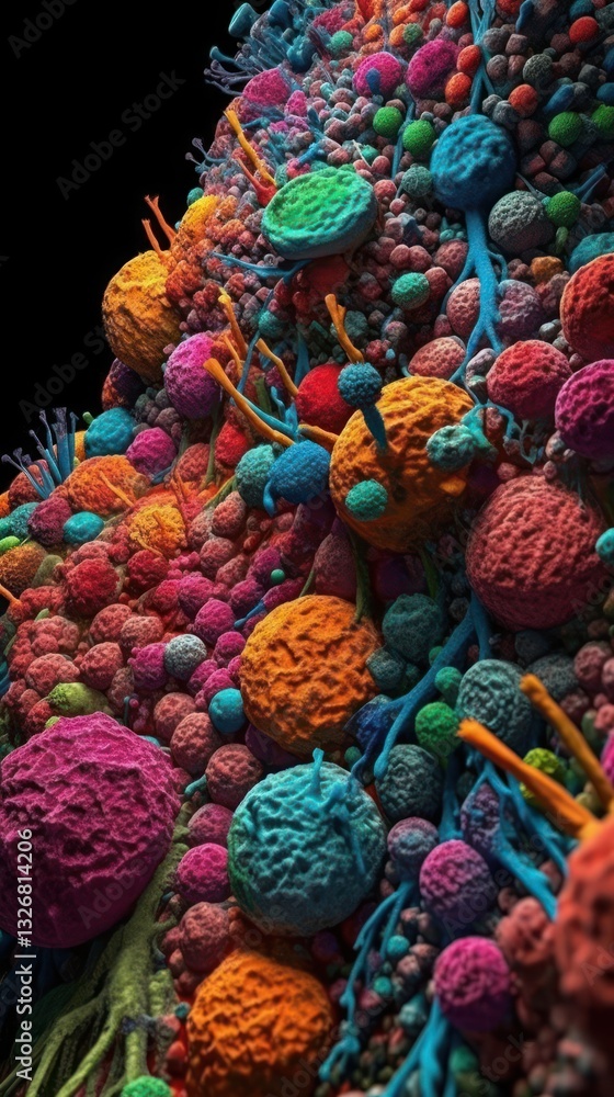 Poster highly detailed electron microscope view of cell signaling pathways with vivid colors and clean line