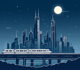 Night Cityscape with Train and Moon Illustration