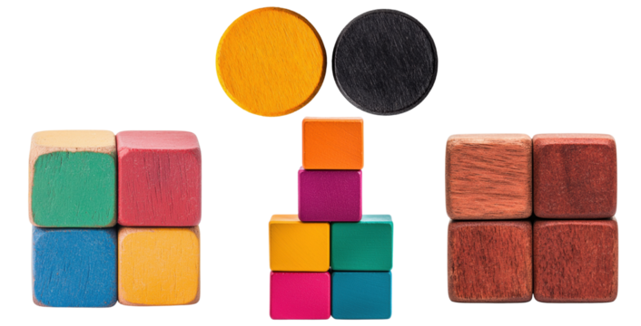 Colorful geometric blocks arranged in various formations, showcasing different shapes and vibrant hues.