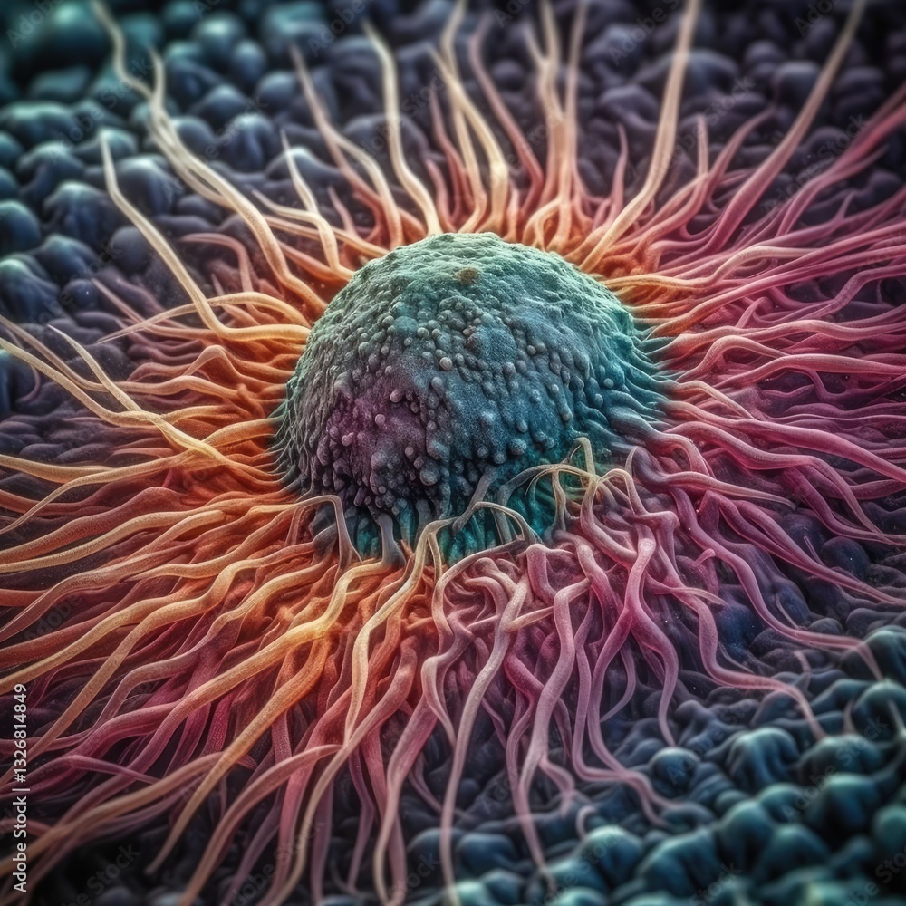 Poster highly detailed electron microscope view of cilia on cell surface with vivid colors and clean lines
