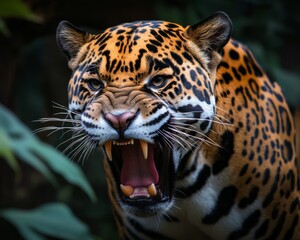 Obraz premium Close up of a jaguar with its mouth open, showing sharp teeth. The jaguar's fur is orange and black, and its eyes are intense. The background is dark
