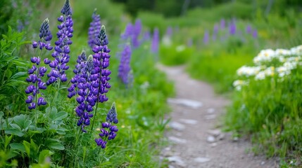 Obraz premium A tranquil pathway meanders through a vibrant meadow, lined with lush green grass and dotted with clusters of purple lupines and white daisies. Soft natural light bathes the scene.