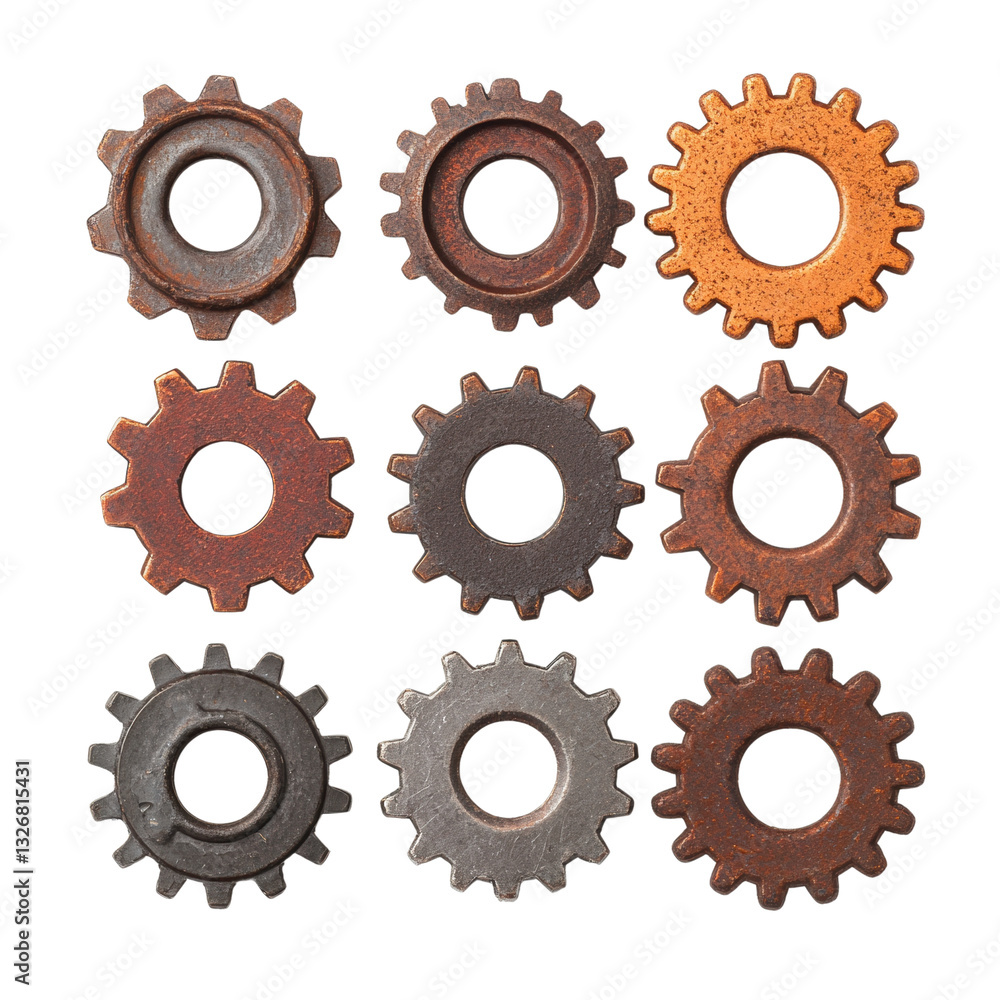 Poster a collection of rusted metal gears arranged in a grid pattern, showcasing various sizes and colors.