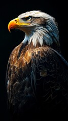 Obraz premium Majestic bald eagle portrait, brown and white feathers, intense gaze, dark background, dramatic lighting