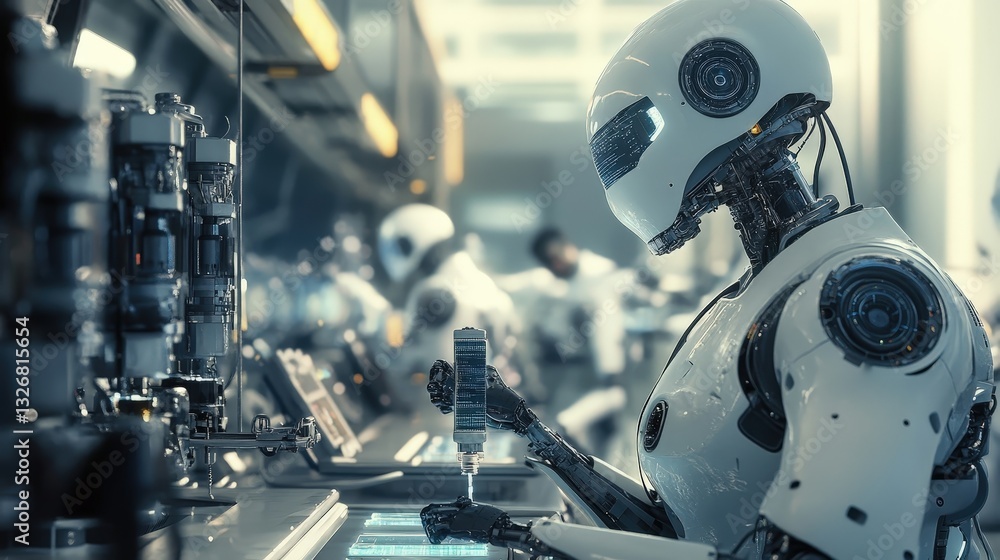 Poster a cyberpunk laboratory where robots conduct experiments with artificial intelligence evolution