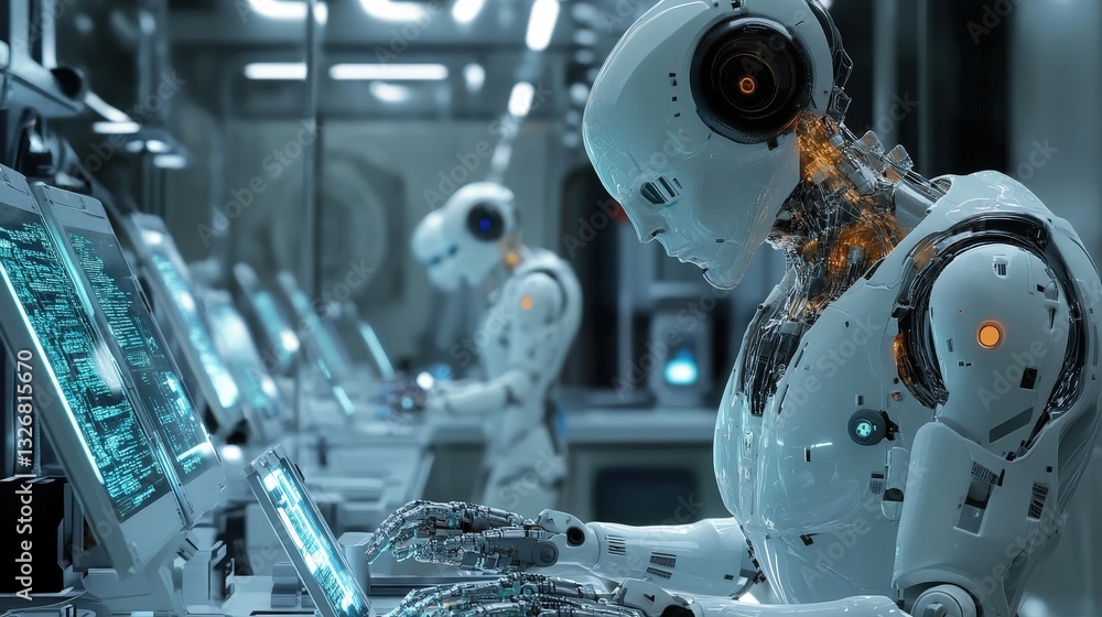 Poster a cyberpunk laboratory where robots conduct experiments with artificial intelligence evolution