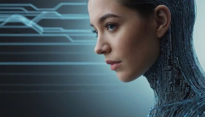 AI circuit head silhouette with binary code.