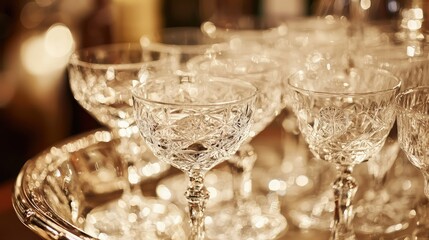 A silver tray holding crystal glasses filled with a premium drink