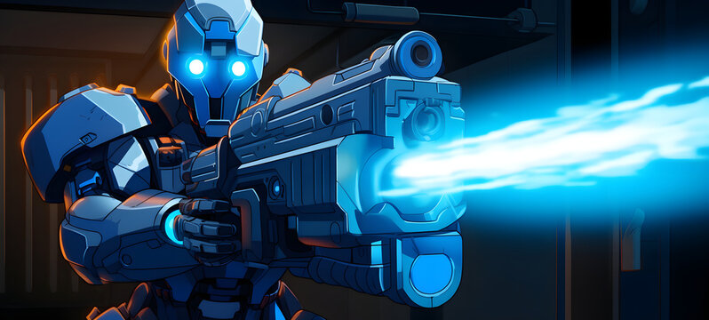 A robot with blue eyes and dashing, wielding a large bazooka and laser sword, ai generative