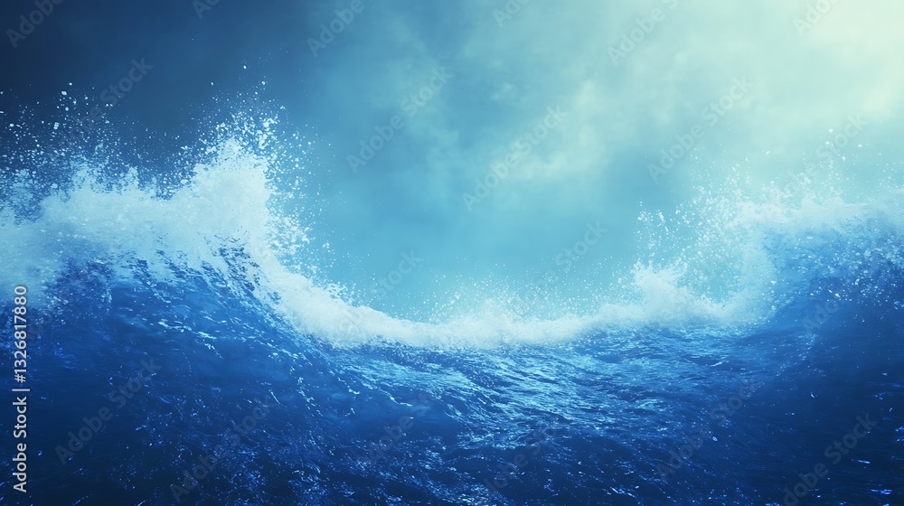 Poster Dynamic ocean wave with sunlight filtering through clouds above.