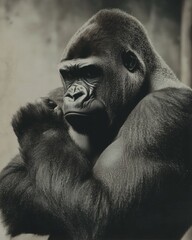 A powerful portrait of a pensive gorilla, captured in monochrome with a textured, grainy effect. The gorilla's intense gaze and posture evoke a sense