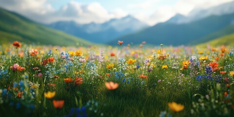 Vibrant wildflower meadow under a clear blue sky promotes a serene atmosphere in a mountainous landscape