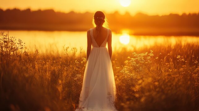 A romantic isolation concept, featuring a bride standing in contemplative silence, bathed in the golden hues of sunset