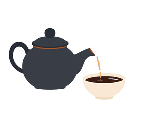 Teapot pours dark liquid into cream colored bowl