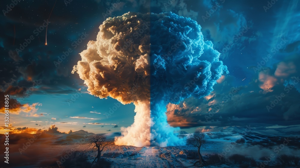 Poster hyper realistic high definition image of a mushroom cloud divided vertically with half white and hal