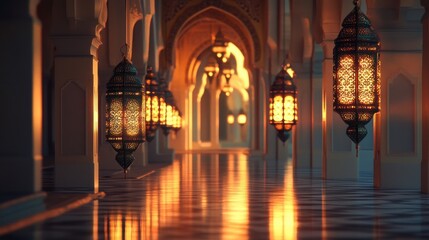 A sacred atmosphere captured through Ramadan lanterns gently flickering in a serene mosque hallway, deep and spiritual