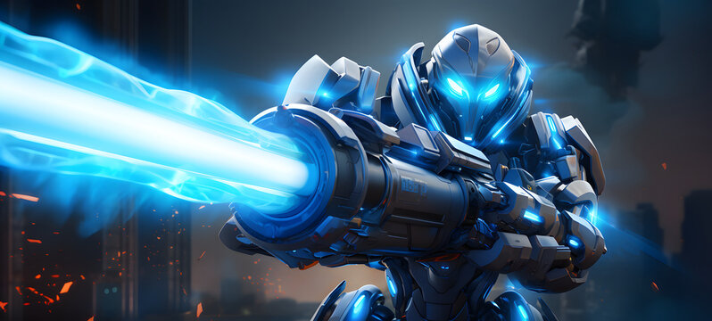 A robot with blue eyes and dashing, wielding a large bazooka and laser sword, ai generative