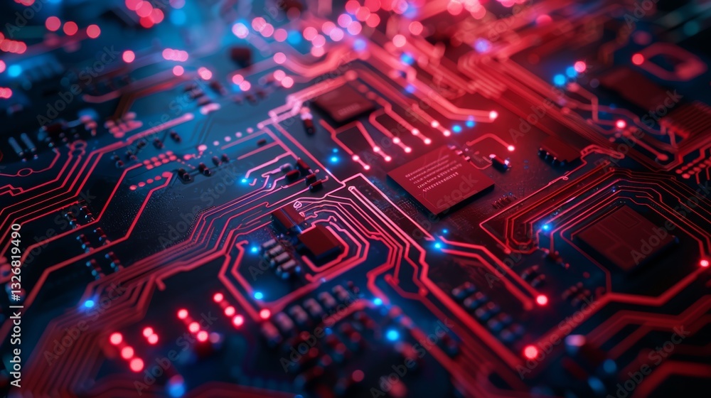 Poster illuminated computer circuit board with red and blue lights in perfect focus