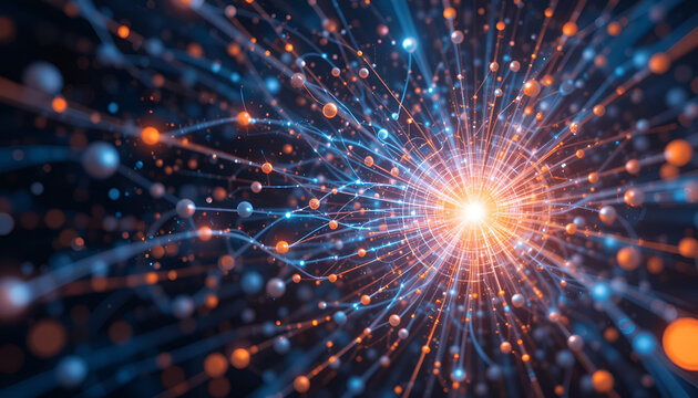 Abstract concept of quantum computing &mdash; entangled particles, glowing data streams, and digital code merging with cosmic elements