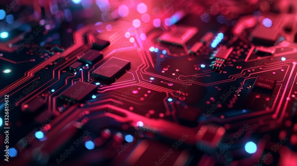 Poster illuminated computer circuit board with red and blue lights minimalistic perfect focus