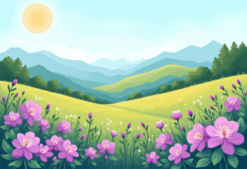 Fototapeta premium Watercolor Meadow With Purple Flowers and Distant Mountains